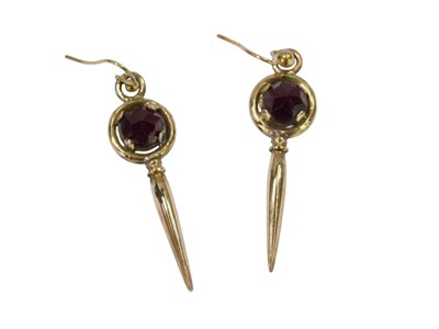 Lot 89 - A pair of garnet drop earrings, each faceted...