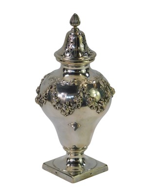 Lot 50 - A white metal sugar caster, decorated with...