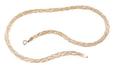 Lot 367 - A 9ct three colour gold braided necklace, on a...