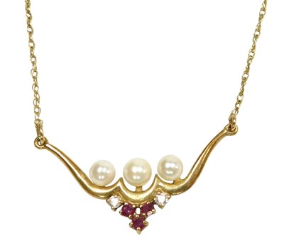 Lot 369 - A 9ct gold ruby and CZ necklace, on a fine...