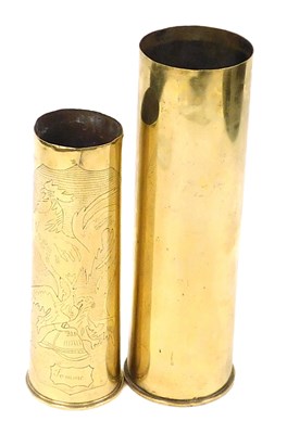 Lot 381 - A WWI brass trench art shell case, engraved...