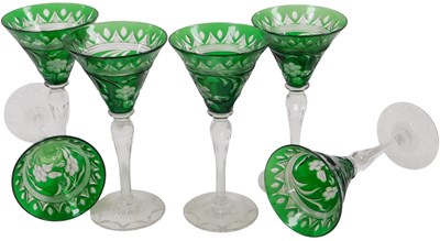 Lot 386 - A set of six Bohemian green flashed wine...