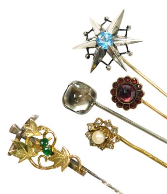 Lot 588 - Five Victorian and later tie pins, including a...