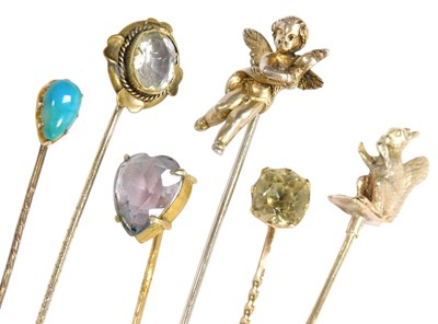 Lot 590 - Six Victorian and later tie pins, including...