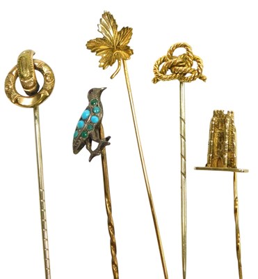 Lot 592 - Five Victorian and later tie pins, including a...