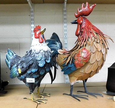 Lot 2076 - Two painted metal cockerels, 50cm high and...