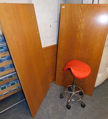 Lot 1033 - An oak laminate disassembled table, and a red...