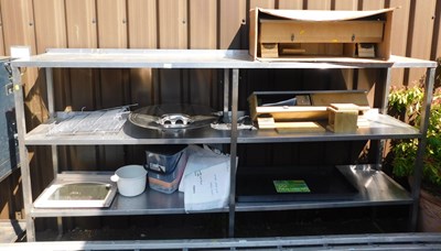 Lot 1177 - An aluminium shelving unit, together with bird...