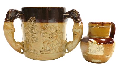 Lot 530 - A 19thC two tone stoneware tyg, with Greyhound...