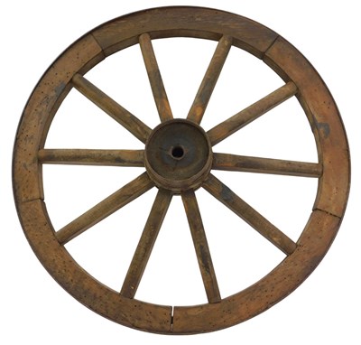 Lot 301 - An iron bound spoked wagon wheel, 37cm diameter.