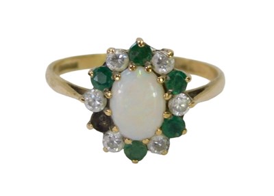 Lot 336 - A 9ct gold cluster ring, with a central opal,...