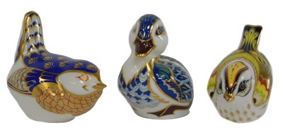 Lot 362 - Three Royal Crown Derby porcelain bird...
