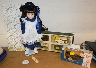 Lot 2246 - An Alberon doll, Days Gone Dairy Farm three...
