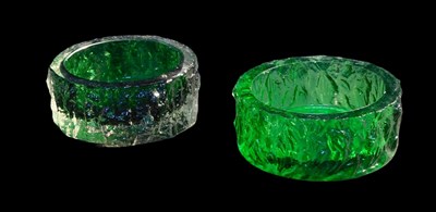Lot 431 - Two Whitefriars green glass bark effect dishes...