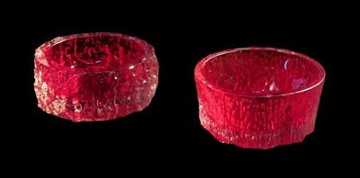 Lot 433 - Two Whitefriars red glass bark effect dishes...