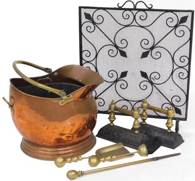Lot 887 - A Victorian copper helmet coal bucket, pair of...