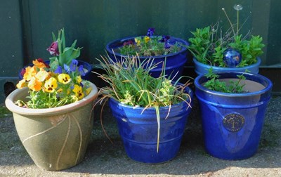 Lot 571 - Six garden pots, blue and green glaze, the...