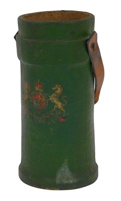 Lot 588 - A gunpowder carrying case, of green painted...
