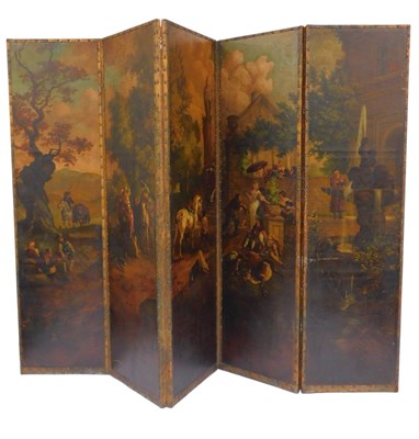 Lot 630 - A 19thC painted leather five panel folding...