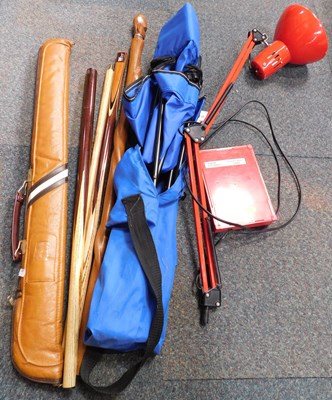 Lot 2071 - A red finish Anglepoise style lamp, snooker...