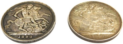 Lot 53 - Two Queen Victoria silver crowns, 1888 and...