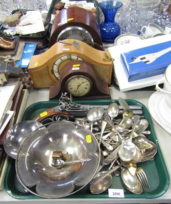 Lot 2096 - Three mantle clocks, flatware, a replica...