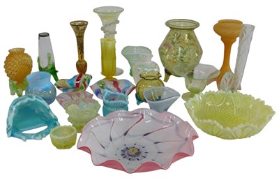 Lot 477 - A group of Vaseline glass vases and others,...