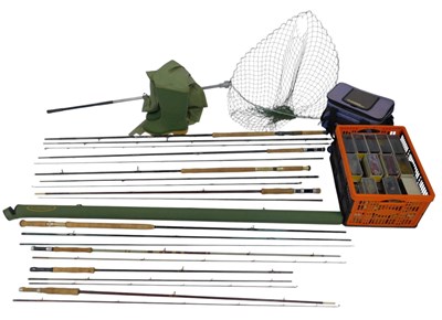 Lot 536 - Various fly fishing rods, landing net, etc.,...