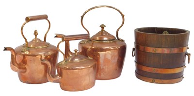 Lot 534 - Three copper kettles, and a brass-bound palm...