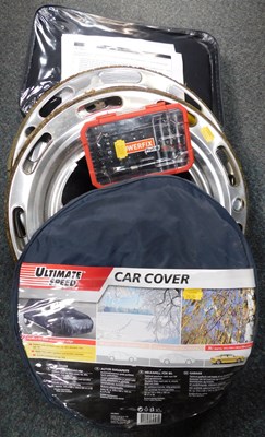 Lot 2108 - A quantity of 14" hubcaps, a Super Fix box of...