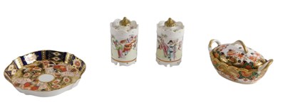 Lot 243 - A pair of 19thC porcelain cylindrical jars and...