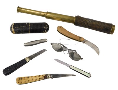 Lot 320 - A brass three draw telescope, a pair of...