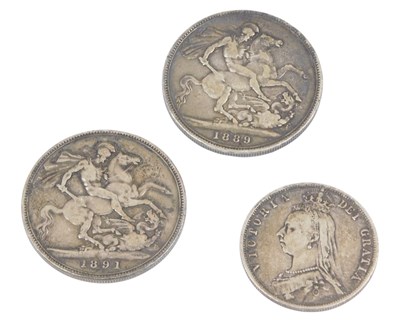 Lot 413 - A Victoria 1889 silver crown, an 1891 Victoria...