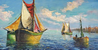 Lot 478 - L Amdrey. Continental scene with boats and...