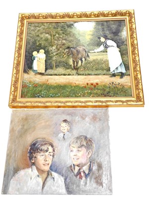 Lot 486 - D Laing. Children and lady with a horse, oil...