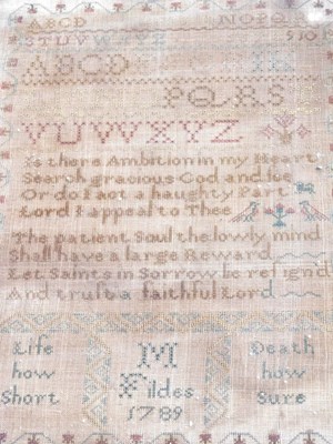 Lot 490 - An 18thC alphabet sampler, signed M Fildes,...
