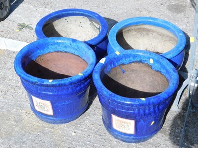 Lot 800 - Blue glazed garden planters, two bucket shaped...