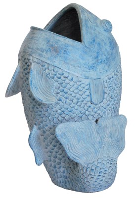 Lot 645 - A blue painted terracotta fish shaped vase or...
