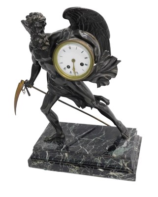 Lot 26 - A 19thC French bronze figural mantel clock,...