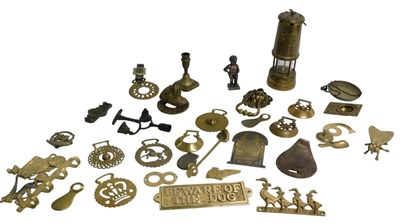 Lot 677 - A quantity of brass, to include a miner's lamp,...