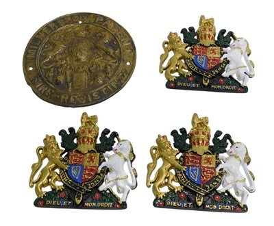 Lot 714 - A brass Milner's safe plaque, and three cast...