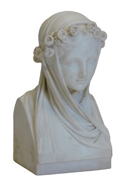 Lot 39 - A 19thC carved marble bust of a lady, wearing...
