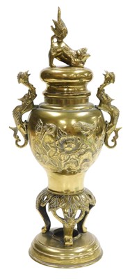 Lot 32 - A 19thC Chinese brass vase and cover, of twin...