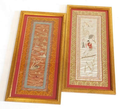Lot 91 - Two 20thC Chinese silk sleeve panels, one...