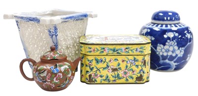 Lot 59 - A 19thC Chinese yellow ground enamel box and...