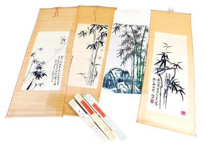 Lot 116 - Three 20thC Chinese embroidered bamboo backed...
