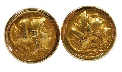 Lot 51 - A pair of Greek circular two colour earrings,...