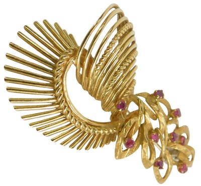 Lot 58 - An 18ct gold and ruby floral spray brooch, on...