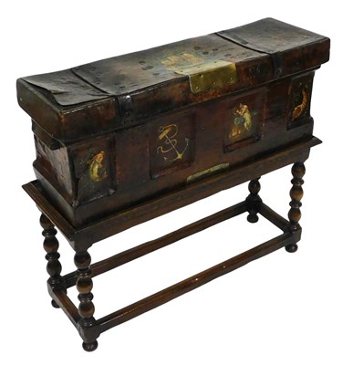 Lot 2 - An early 19thC leather nautical trunk, the...