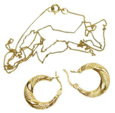 Lot 128 - A pair of hoop earrings, yellow metal, stamped...